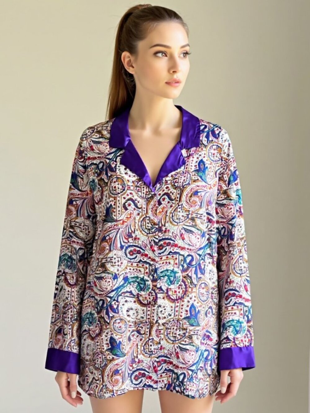 Victoria’s Secret Vintage Gold Label Purple Paisley Satin Night Shirt Size Large